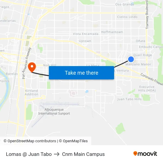 Lomas @ Juan Tabo to Cnm Main Campus map