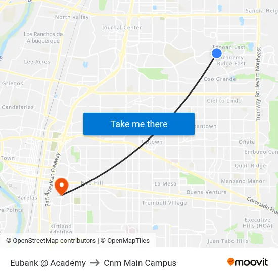 Eubank @ Academy to Cnm Main Campus map