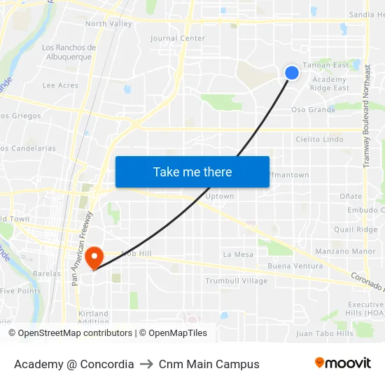 Academy @ Concordia to Cnm Main Campus map