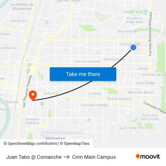 Juan Tabo @ Comanche to Cnm Main Campus map