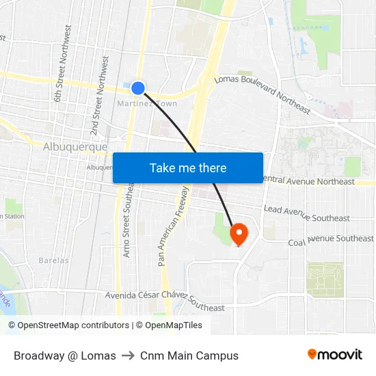 Broadway @ Lomas to Cnm Main Campus map
