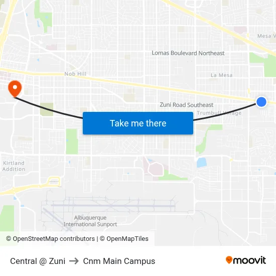 Central @ Zuni to Cnm Main Campus map