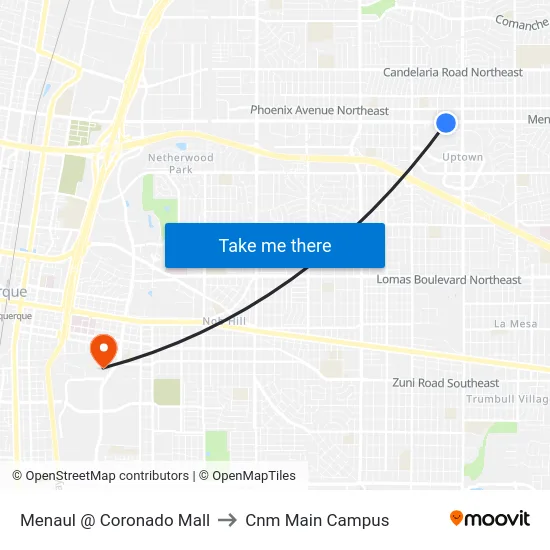 Menaul @ Coronado Mall to Cnm Main Campus map