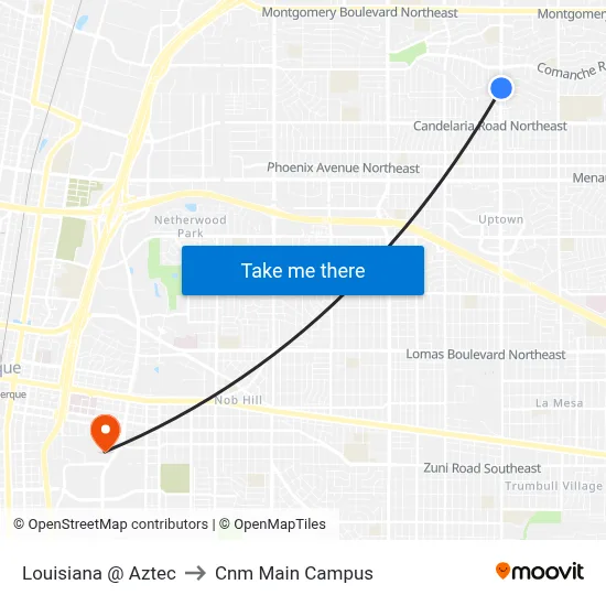 Louisiana @ Aztec to Cnm Main Campus map
