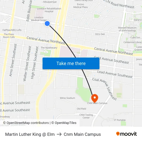 Martin Luther King @ Elm to Cnm Main Campus map