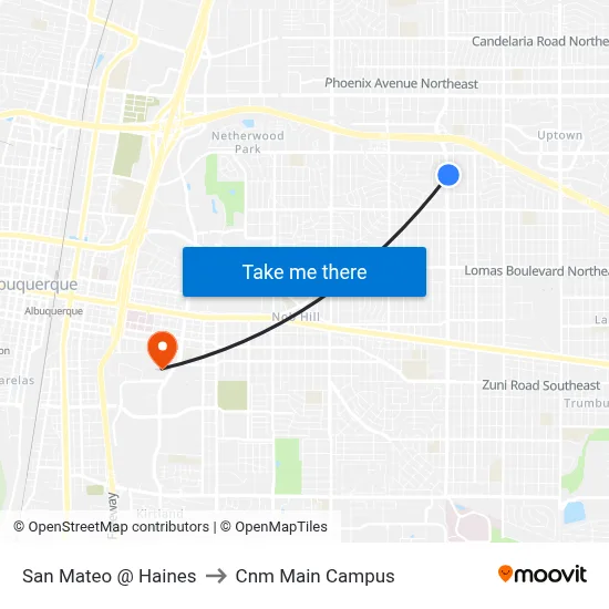 San Mateo @ Haines to Cnm Main Campus map
