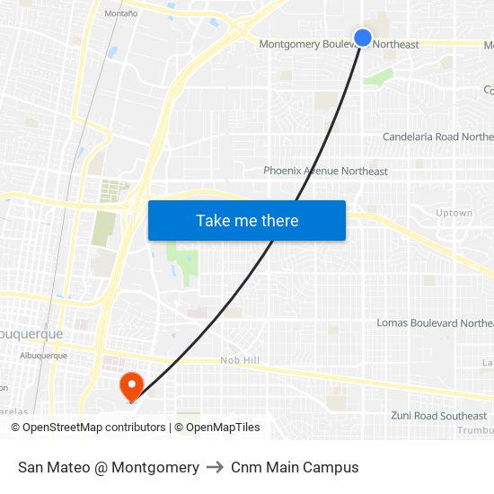 San Mateo @ Montgomery to Cnm Main Campus map