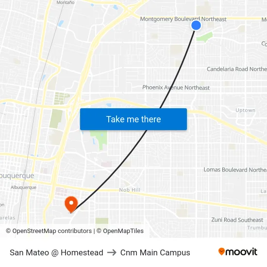 San Mateo @ Homestead to Cnm Main Campus map