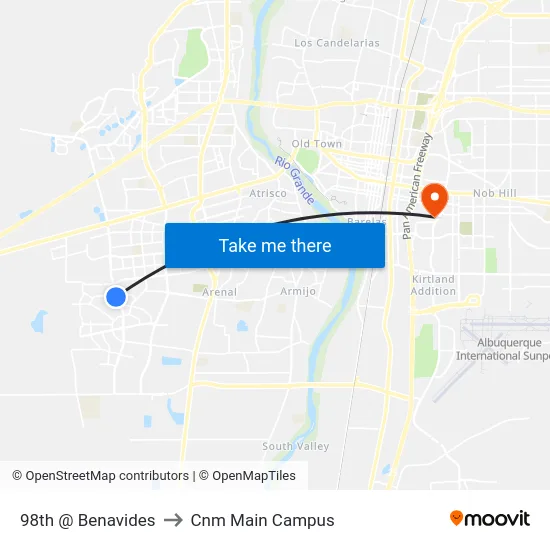 98th @ Benavides to Cnm Main Campus map