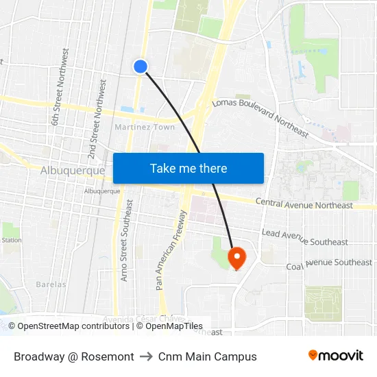 Broadway @ Rosemont to Cnm Main Campus map