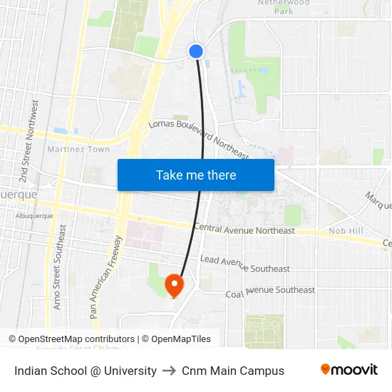 Indian School @ University to Cnm Main Campus map