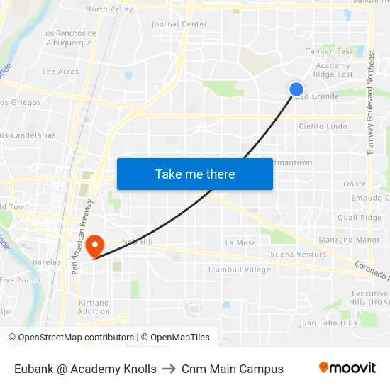 Eubank @ Academy Knolls to Cnm Main Campus map