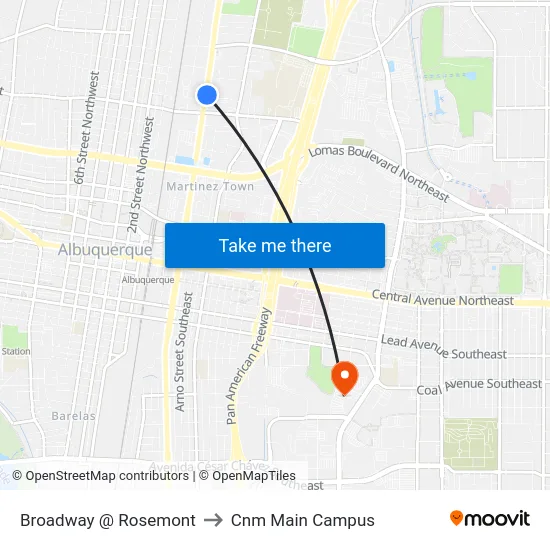 Broadway @ Rosemont to Cnm Main Campus map