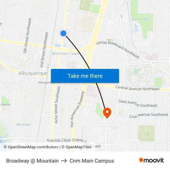 Broadway @ Mountain to Cnm Main Campus map