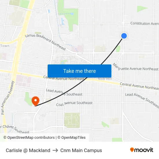 Carlisle @ Mackland to Cnm Main Campus map