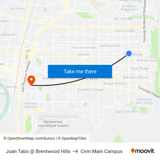 Juan Tabo @ Brentwood Hills to Cnm Main Campus map