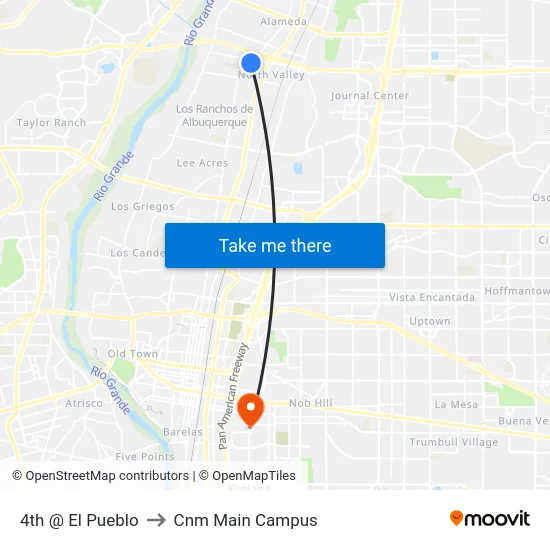 4th @ El Pueblo to Cnm Main Campus map