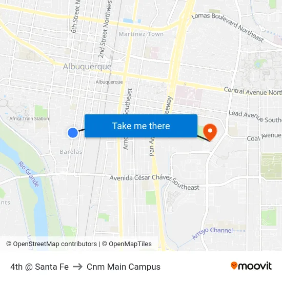 4th @ Santa Fe to Cnm Main Campus map