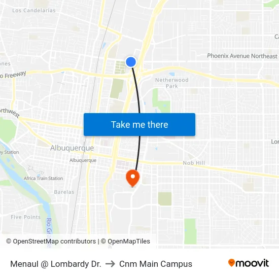 Menaul @ Lombardy Dr. to Cnm Main Campus map