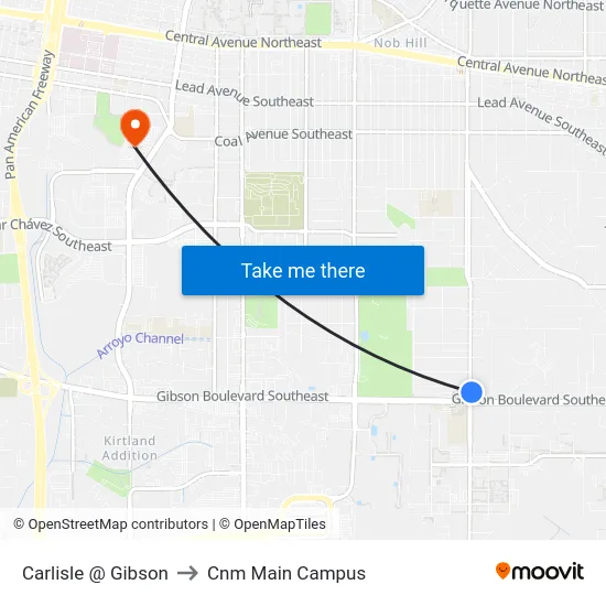 Carlisle @ Gibson to Cnm Main Campus map