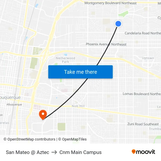 San Mateo @ Aztec to Cnm Main Campus map