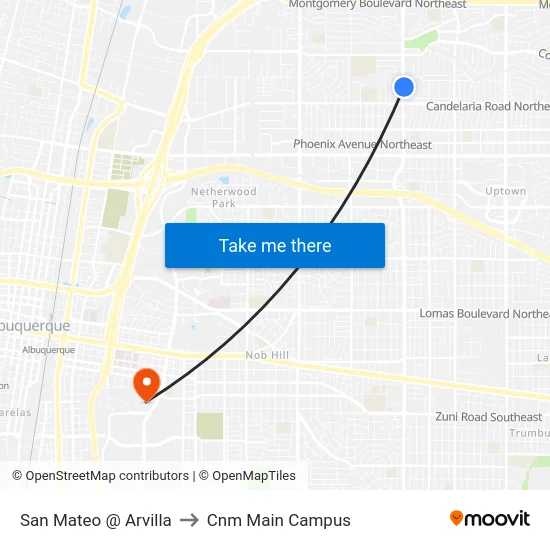 San Mateo @ Arvilla to Cnm Main Campus map