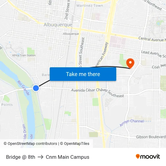 Bridge @ 8th to Cnm Main Campus map