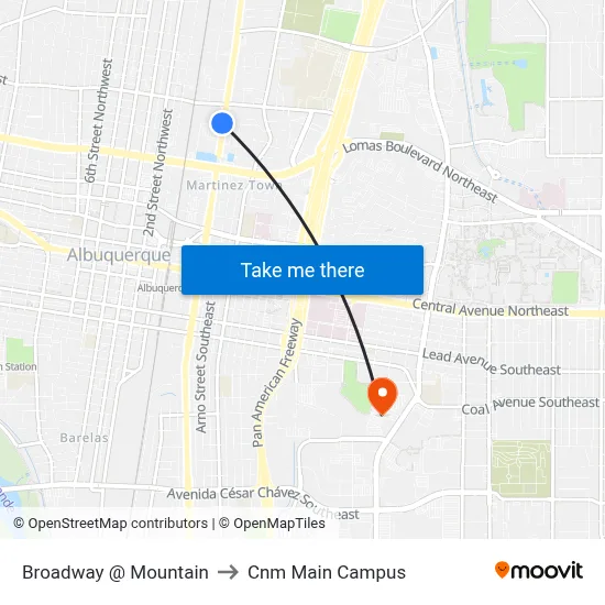 Broadway @ Mountain to Cnm Main Campus map
