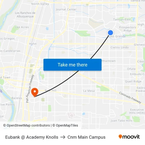 Eubank @ Academy Knolls to Cnm Main Campus map