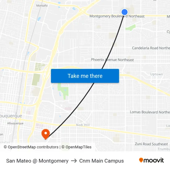 San Mateo @ Montgomery to Cnm Main Campus map