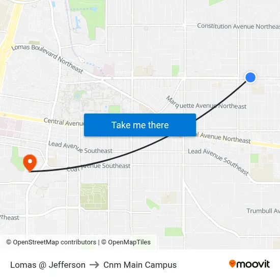 Lomas @ Jefferson to Cnm Main Campus map