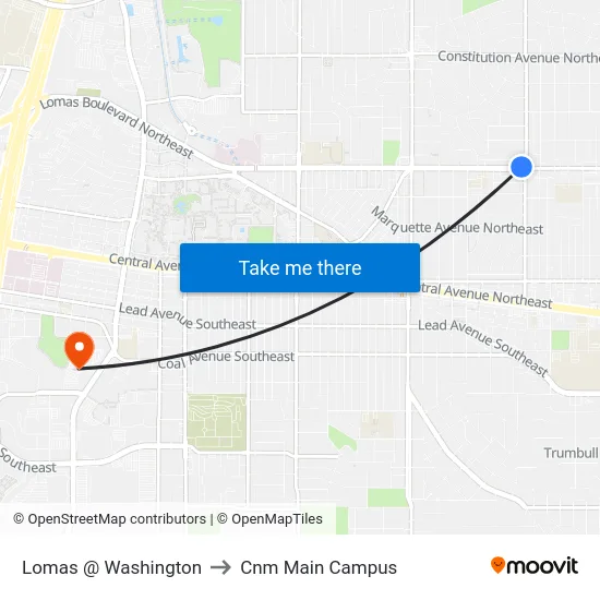 Lomas @ Washington to Cnm Main Campus map
