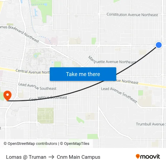 Lomas @ Truman to Cnm Main Campus map