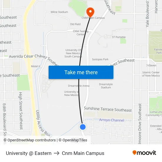 University @ Eastern to Cnm Main Campus map