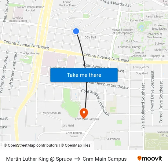 Martin Luther King @ Spruce to Cnm Main Campus map