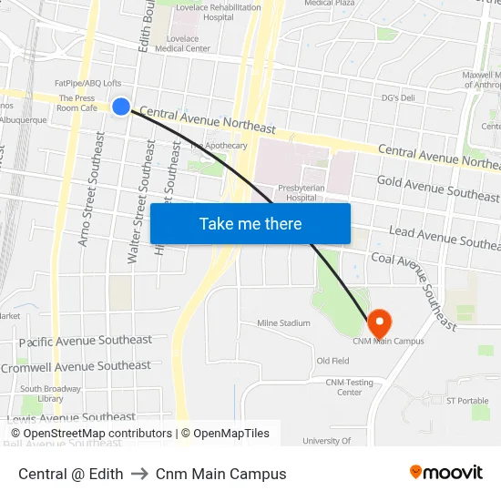 Central @ Edith to Cnm Main Campus map