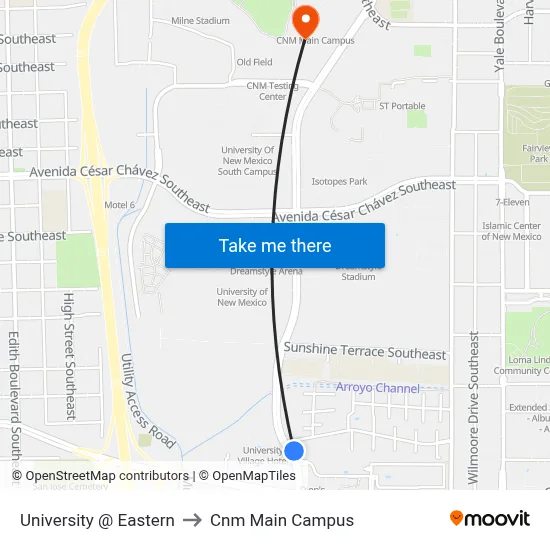 University @ Eastern to Cnm Main Campus map