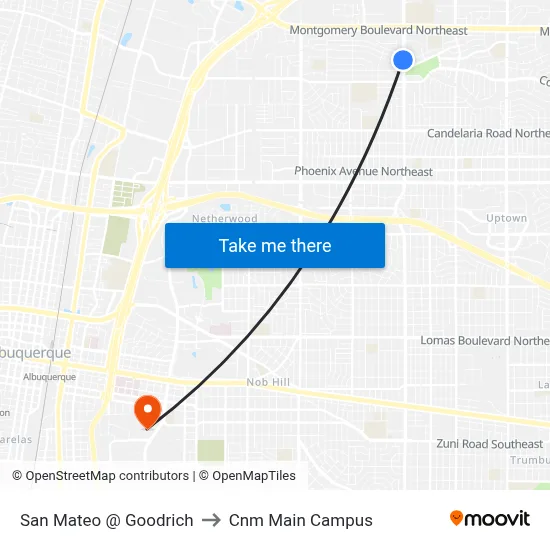 San Mateo @ Goodrich to Cnm Main Campus map