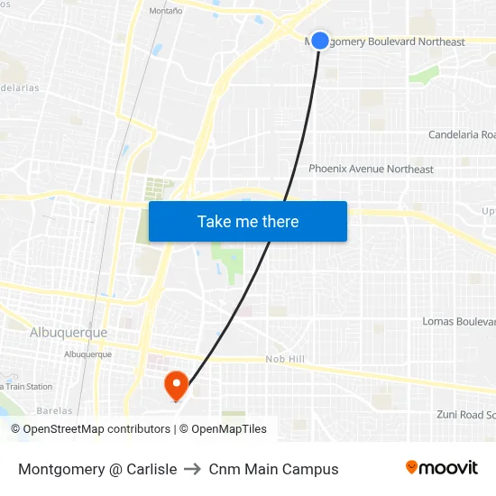 Montgomery @ Carlisle to Cnm Main Campus map