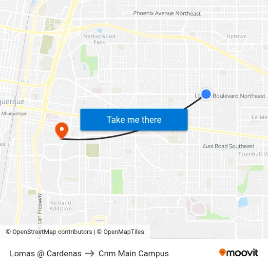 Lomas @ Cardenas to Cnm Main Campus map