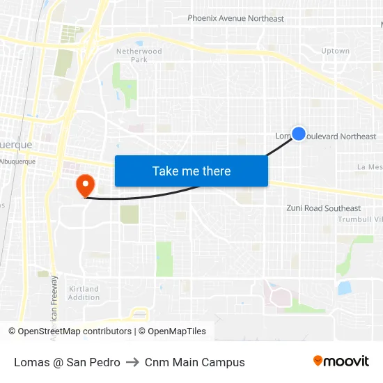 Lomas @ San Pedro to Cnm Main Campus map