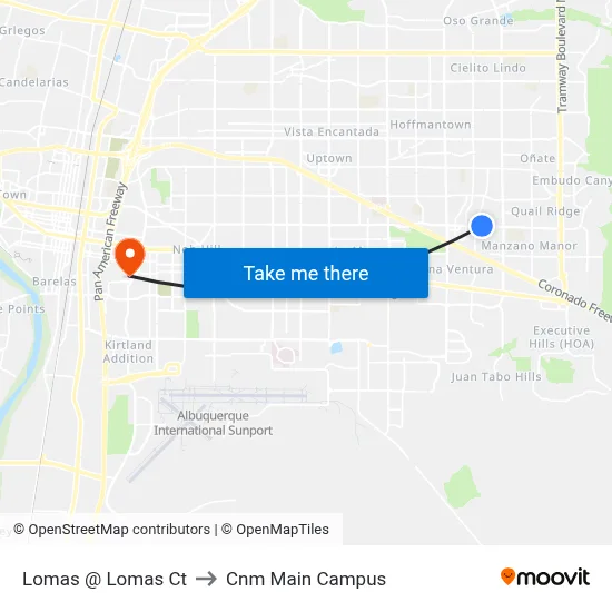 Lomas @ Lomas Ct to Cnm Main Campus map
