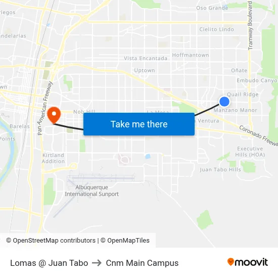 Lomas @ Juan Tabo to Cnm Main Campus map