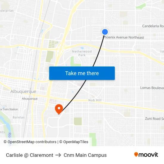 Carlisle @ Claremont to Cnm Main Campus map