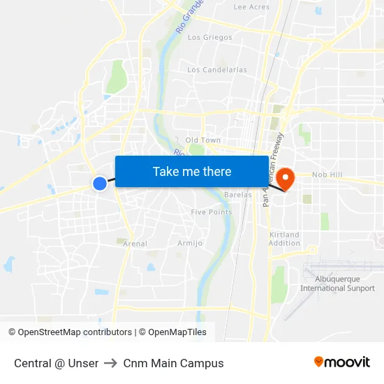 Central @ Unser to Cnm Main Campus map