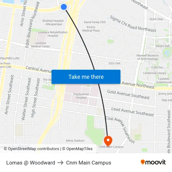 Lomas @ Woodward to Cnm Main Campus map