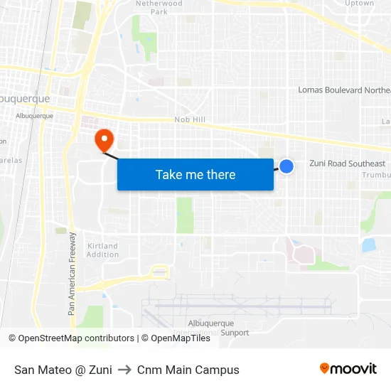 San Mateo @ Zuni to Cnm Main Campus map