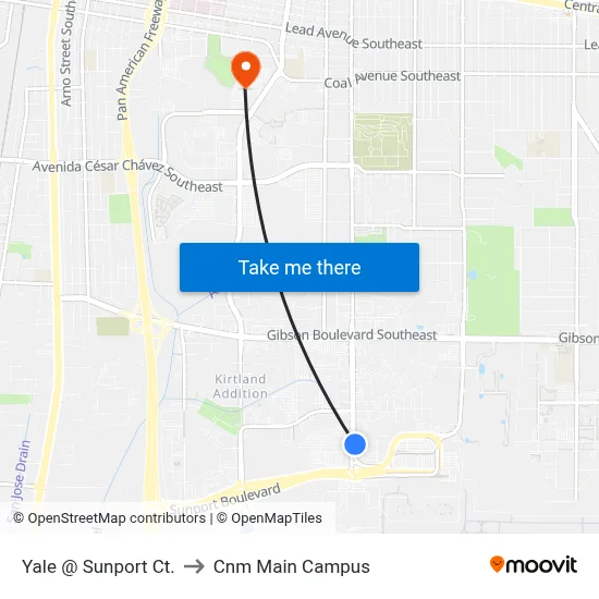 Yale @ Sunport Ct. to Cnm Main Campus map