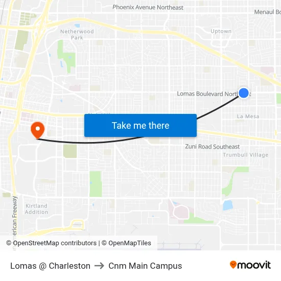 Lomas @ Charleston to Cnm Main Campus map