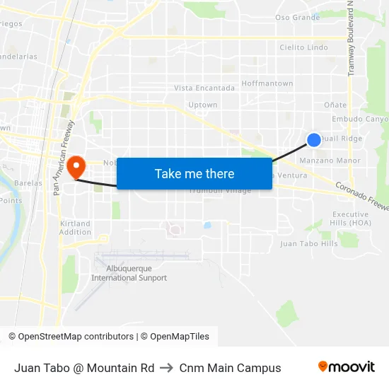 Juan Tabo @ Mountain Rd to Cnm Main Campus map